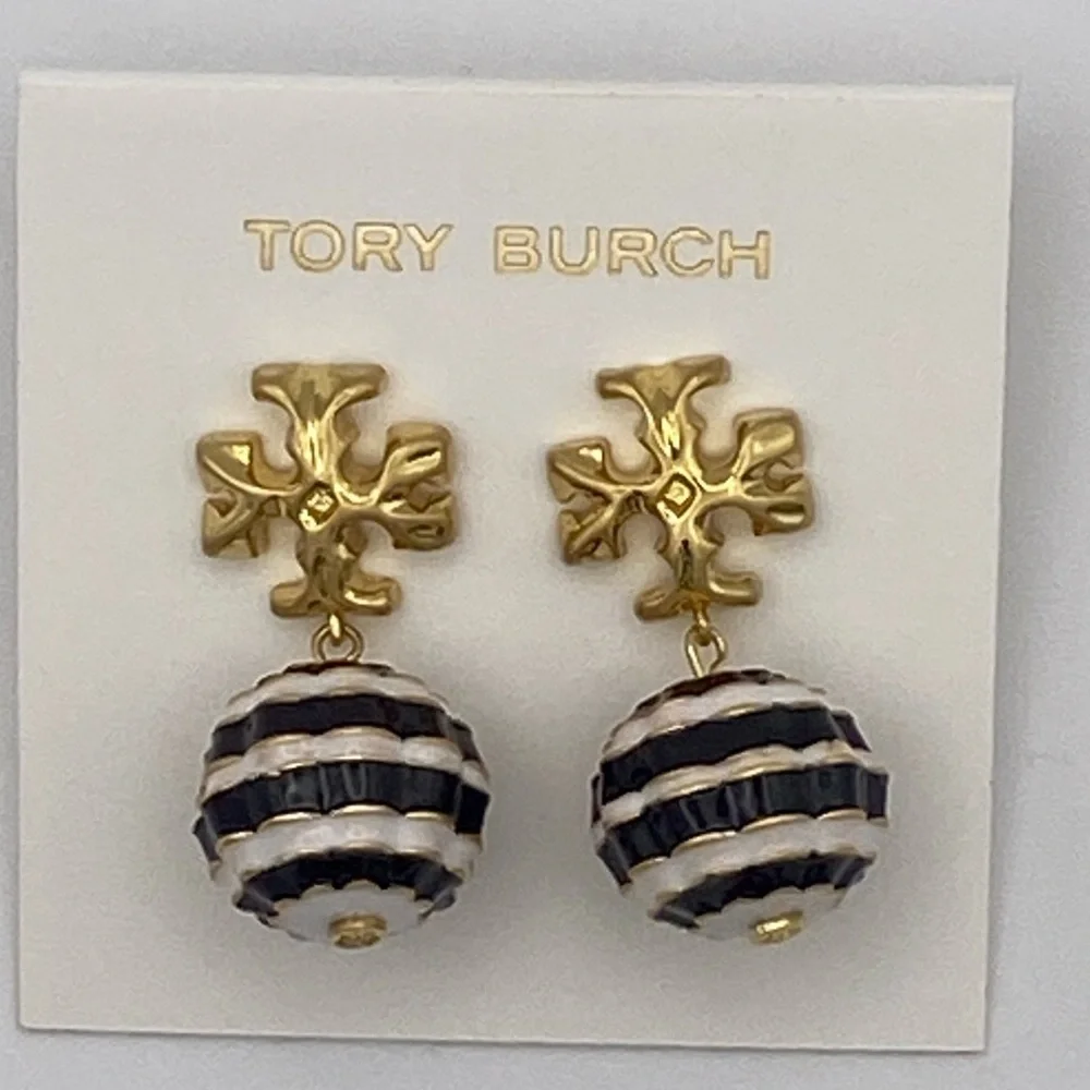 Tory Burch Roxanne TB logo drop earrings with black & white striped enamel ball